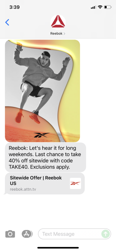 Reebok Text Message Marketing Example - 10.11.2021