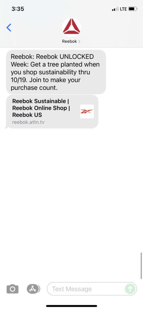 Reebok Text Message Marketing Example - 10.18.2021