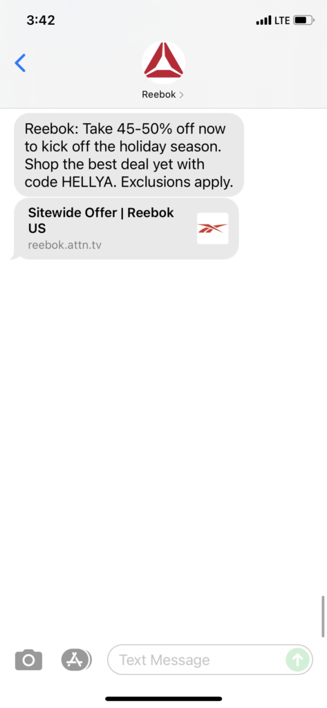 Reebok Text Message Marketing Example - 10.22.2021