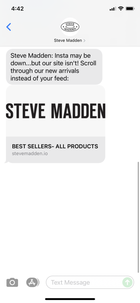 Steve Madden Text Message Marketing Example - 10.04.2021