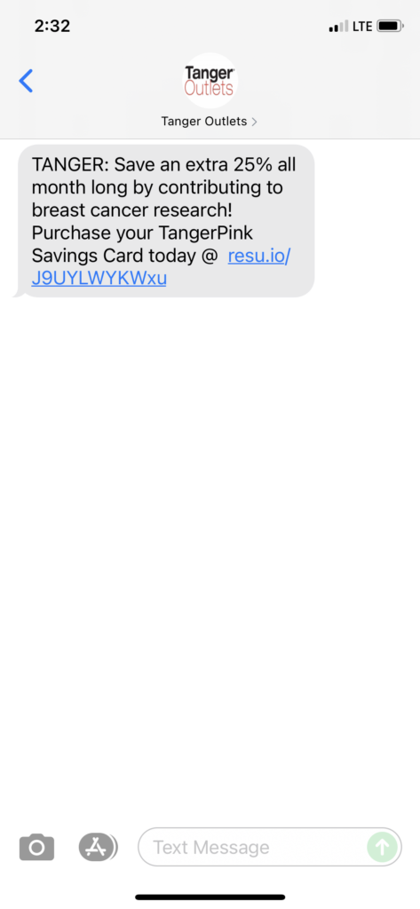 Tanger Outlets Text Message Marketing Example - 10.02.2021