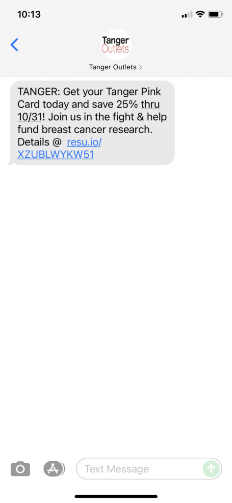 Tanger Outlets Text Message Marketing Example - 10.08.2021