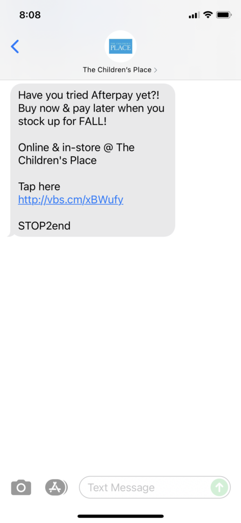 The Children's Place Text Message Marketing Example - 09.29.2021