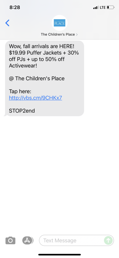 The Children's Place Text Message Marketing Example - 09.30.2021