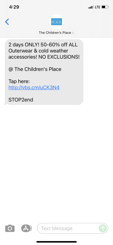 The Children's Place Text Message Marketing Example - 10.19.2021