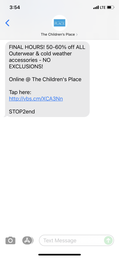The Children's Place Text Message Marketing Example - 10.20.2021