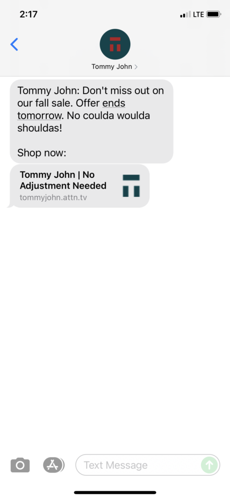 Tommy John Text Message Marketing Example - 10.03.2021