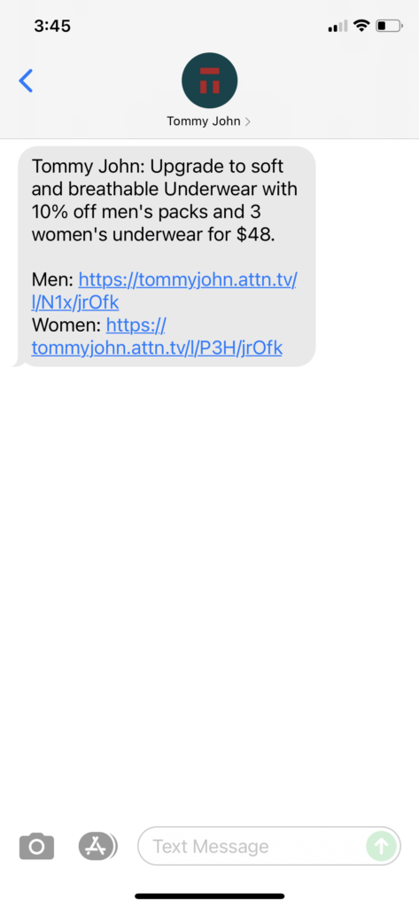 Tommy John Text Message Marketing Example - 10.10.2021