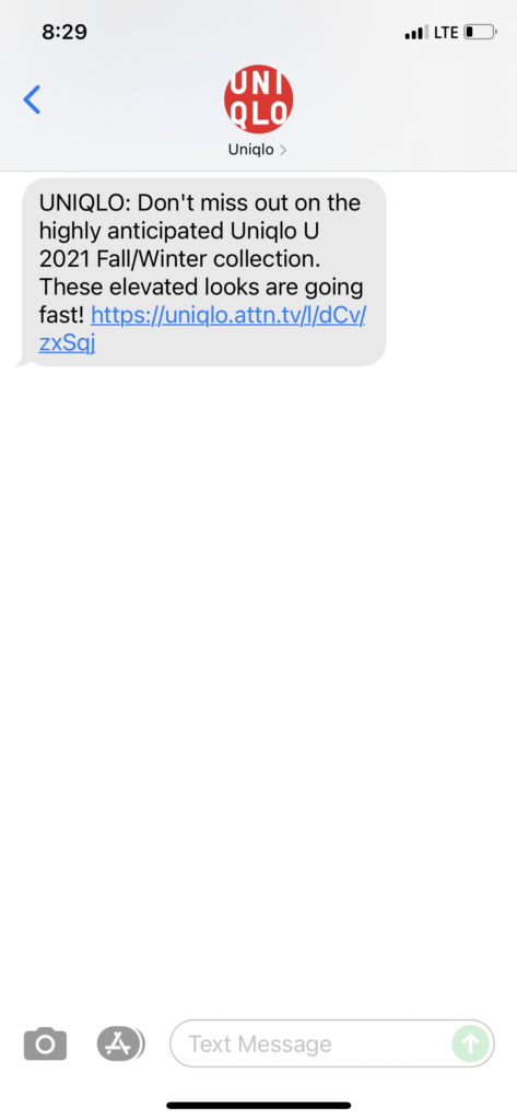 UNIQLO Text Message Marketing Example - 09.30.2021