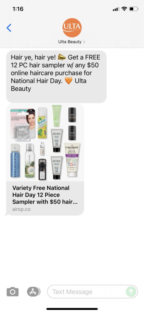Ulta Beauty Text Message Marketing Example - 10.01.2021