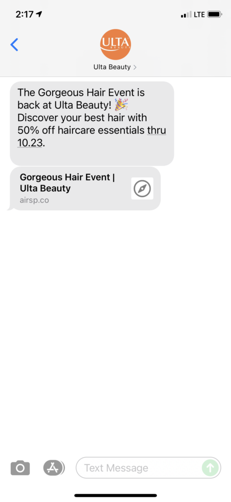 Ulta Beauty Text Message Marketing Example - 10.03.2021
