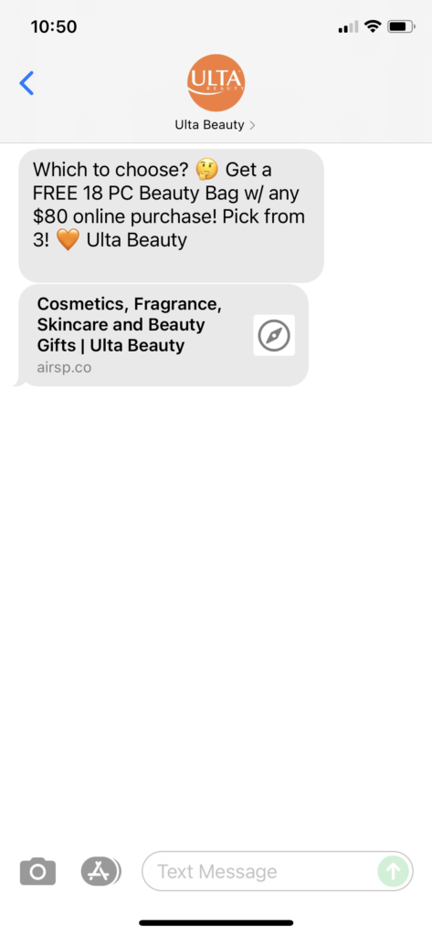 Ulta Beauty Text Message Marketing Example - 10.06.2021