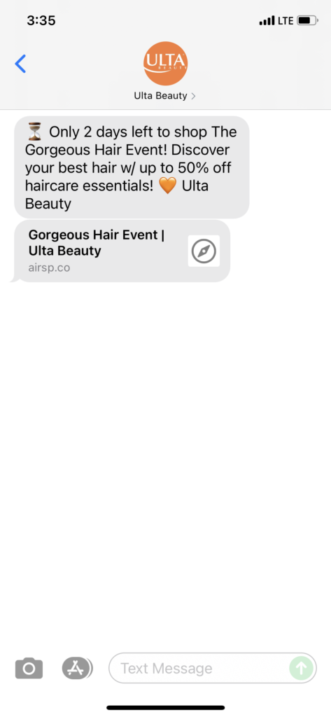 Ulta Beauty Text Message Marketing Example - 10.22.2021