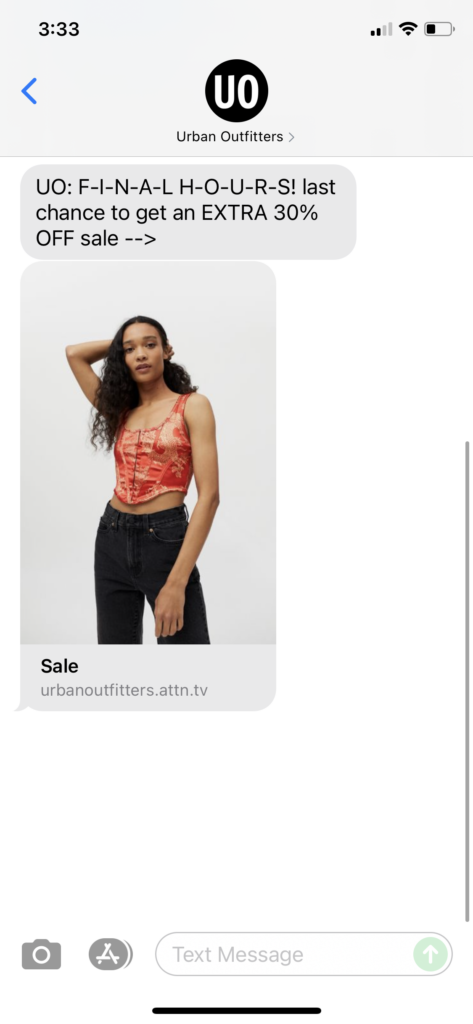 Urban Outfitters Text Message Marketing Example - 10.11.2021