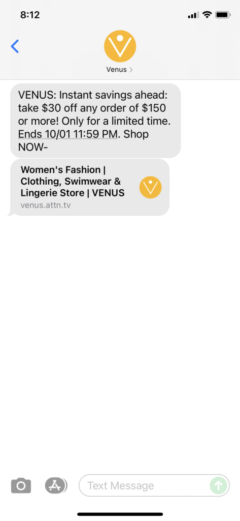 Venus Text Message Marketing Example - 09.29.2021