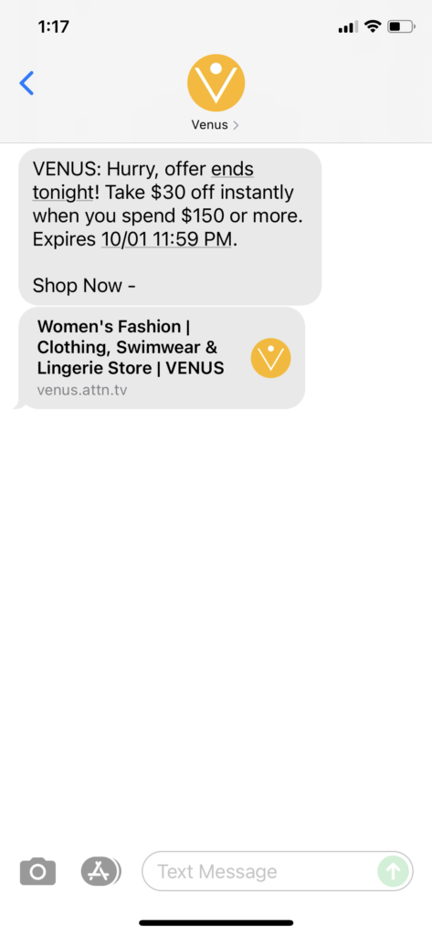 Venus Text Message Marketing Example - 10.01.2021
