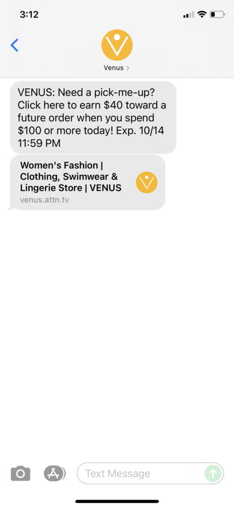 Venus Text Message Marketing Example - 10.13.2021