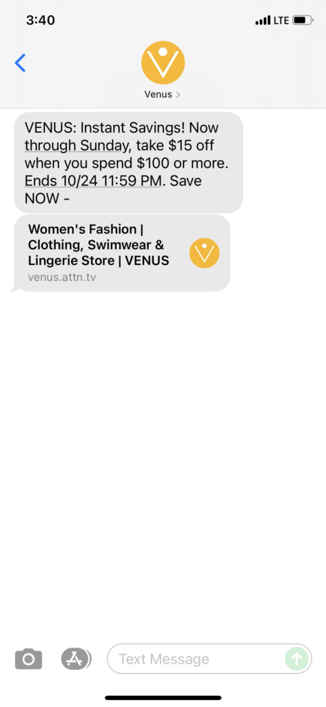 Venus Text Message Marketing Example - 10.22.2021