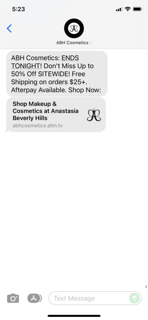 ABH Cosmetics Text Message Marketing Example - 11.28.2021