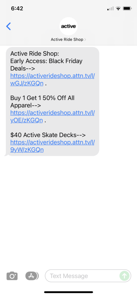 Active Ride Shop Text Message Marketing Example - 11.23.2021