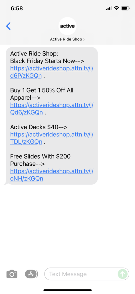 Active Ride Shop Text Message Marketing Example - 11.26.2021