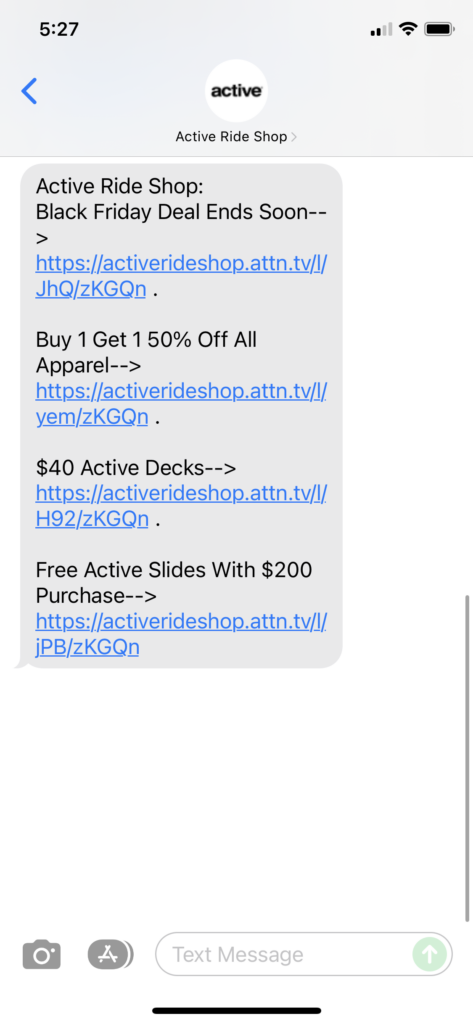 Active Ride Shop Text Message Marketing Example - 11.28.2021