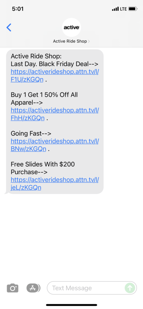 Active Ride Shop Text Message Marketing Example - 11.29.2021