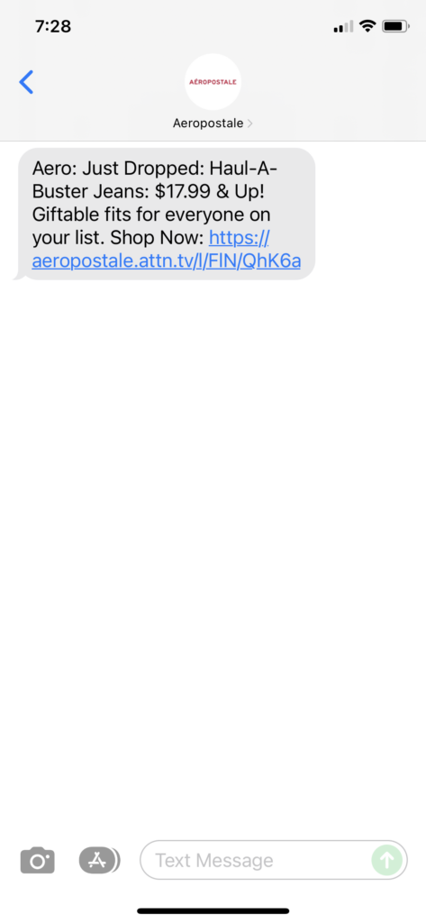 Aeropostale Text Message Marketing Example - 11.19.2021