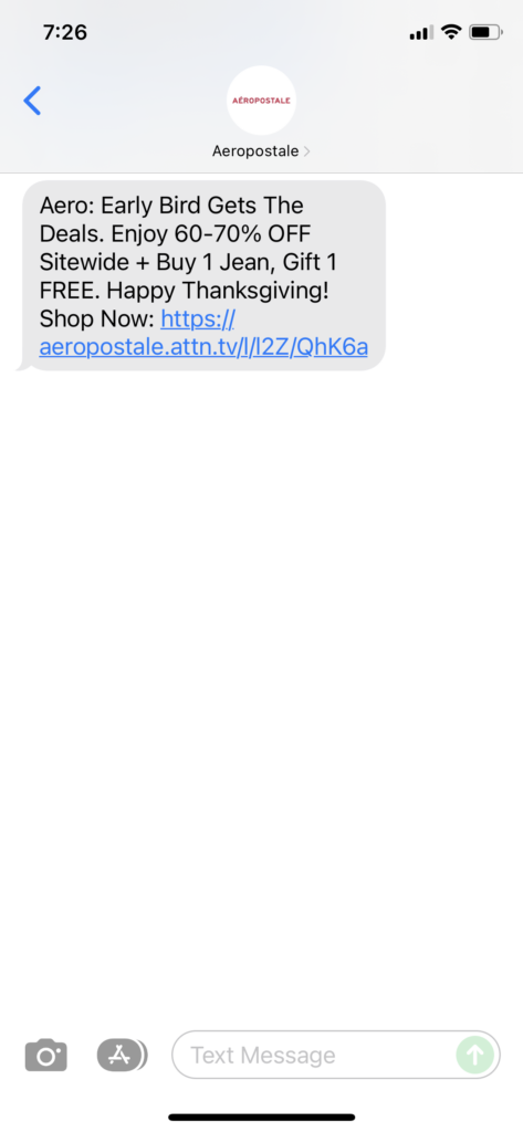 Aeropostale Text Message Marketing Example - 11.25.2021