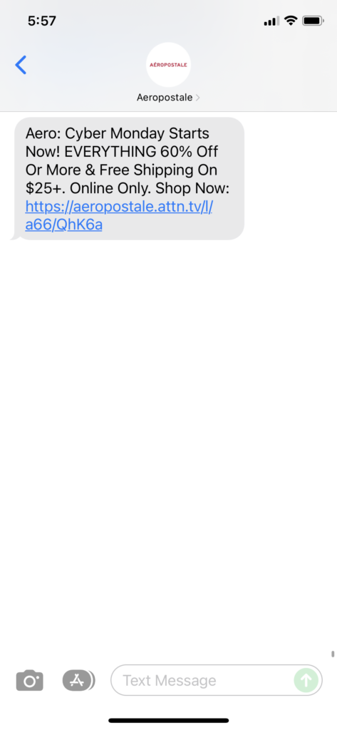 Aeropostale Text Message Marketing Example - 11.28.2021