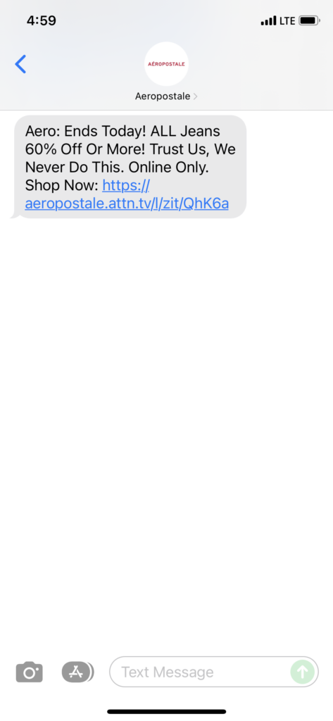 Aeropostale Text Message Marketing Example - 11.29.2021