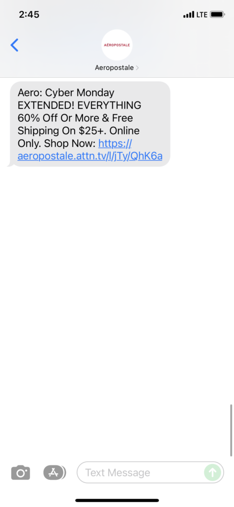 Aeropostale Text Message Marketing Example - 11.30.2021