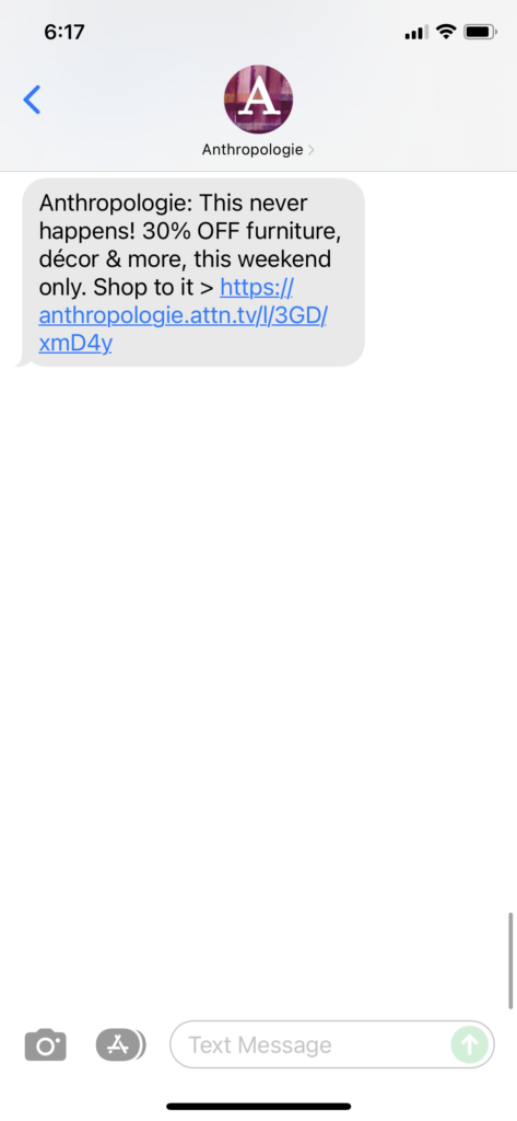 Anthropologie 1 Text Message Marketing Example - 11.27.2021