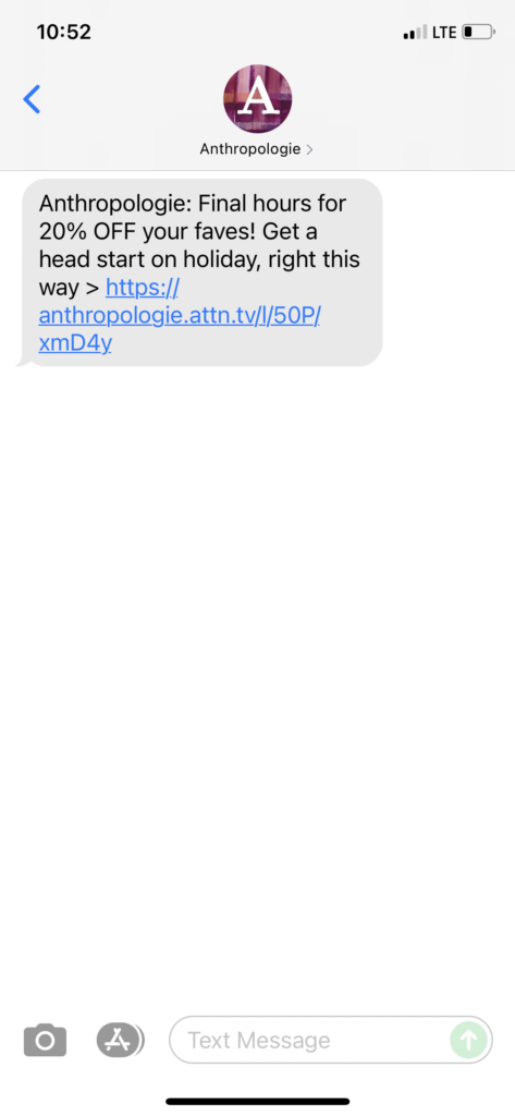 Anthropologie Text Message Marketing Example - 10.24.2021