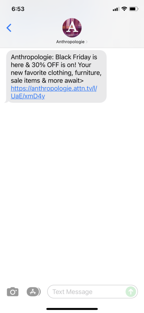 Anthropologie Text Message Marketing Example - 11.26.2021