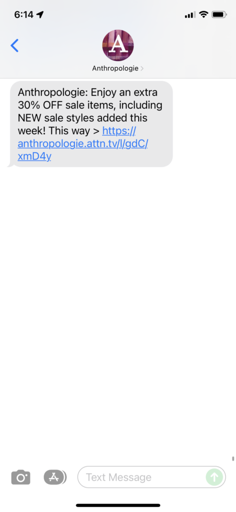 Anthropologie Text Message Marketing Example - 11.27.2021
