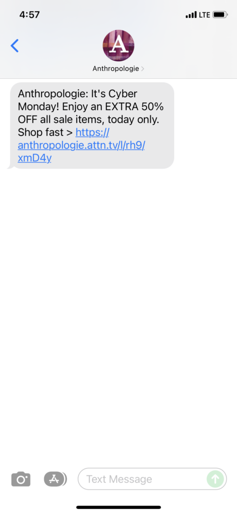 Anthropologie Text Message Marketing Example - 11.29.2021