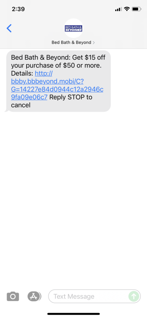 Bath Bed & Beyond Text Message Marketing Example - 10.29.2021