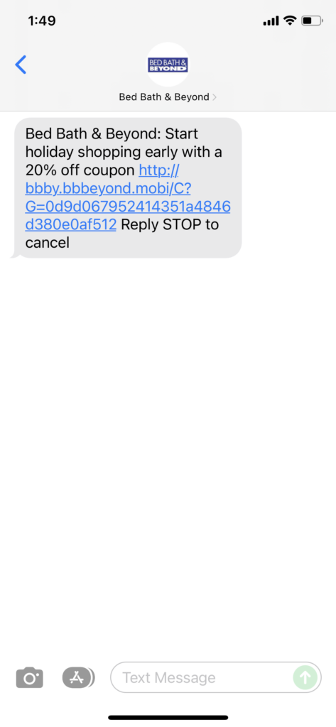 Bath Bed & Beyond Text Message Marketing Example - 11.09.2021