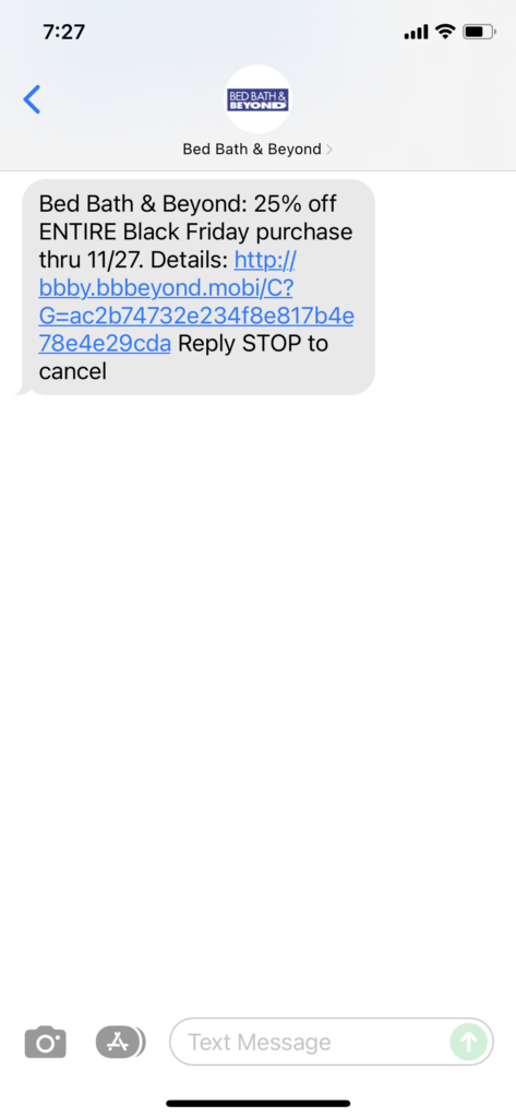 Bed Bath & Beyond Text Message Marketing Example - 11.25.2021