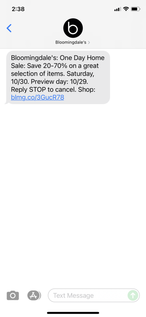 Bloomingdale's Text Message Marketing Example - 10.29.2021