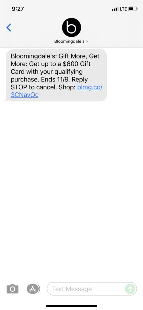 Bloomingdale's Text Message Marketing Example - 11.02.2021