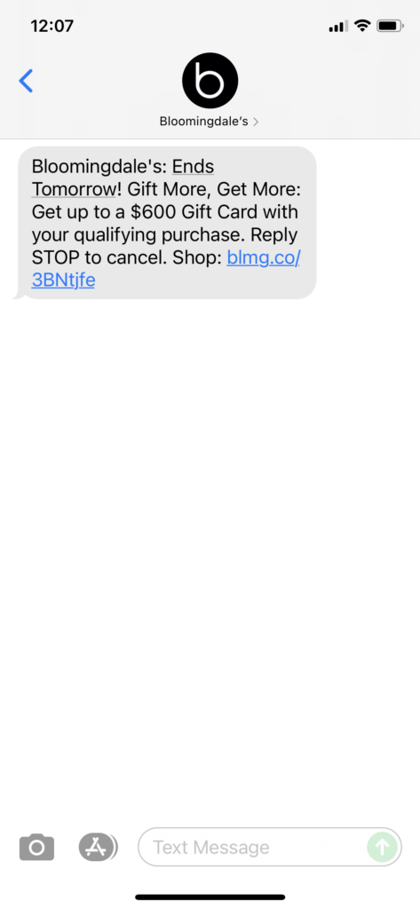 Bloomingdale's Text Message Marketing Example - 11.08.2021