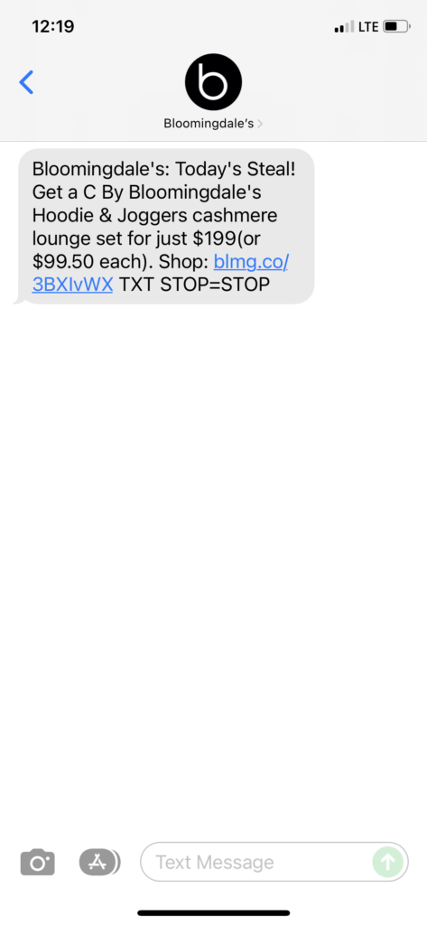 Bloomingdale's Text Message Marketing Example - 11.10.2021