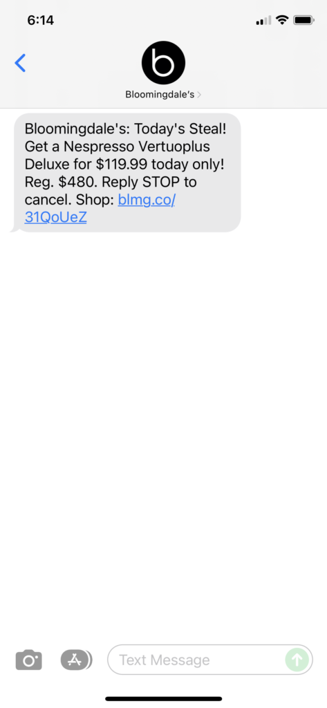 Bloomingdale's Text Message Marketing Example - 11.14.2021