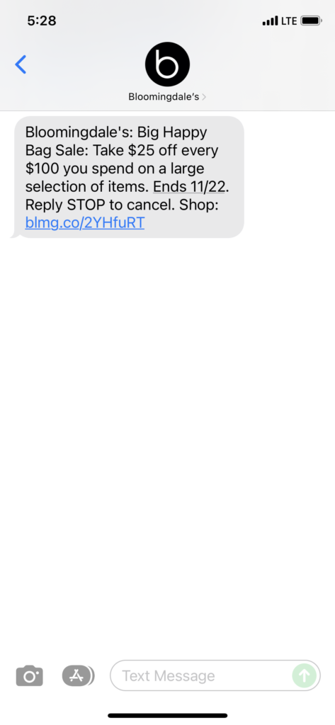 Bloomingdale's Text Message Marketing Example - 11.15.2021