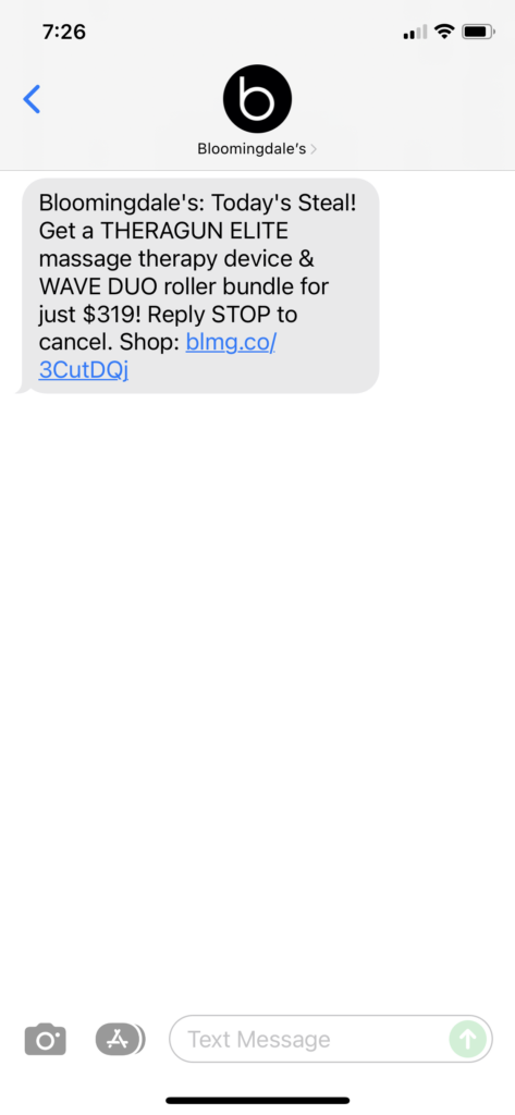 Bloomingdale's Text Message Marketing Example - 11.19.2021