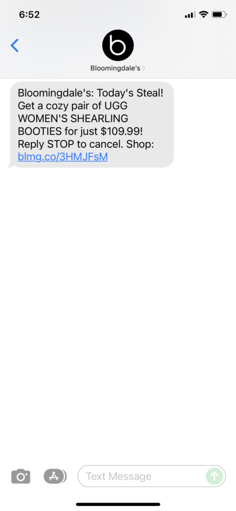 Bloomingdale's Text Message Marketing Example - 11.26.2021