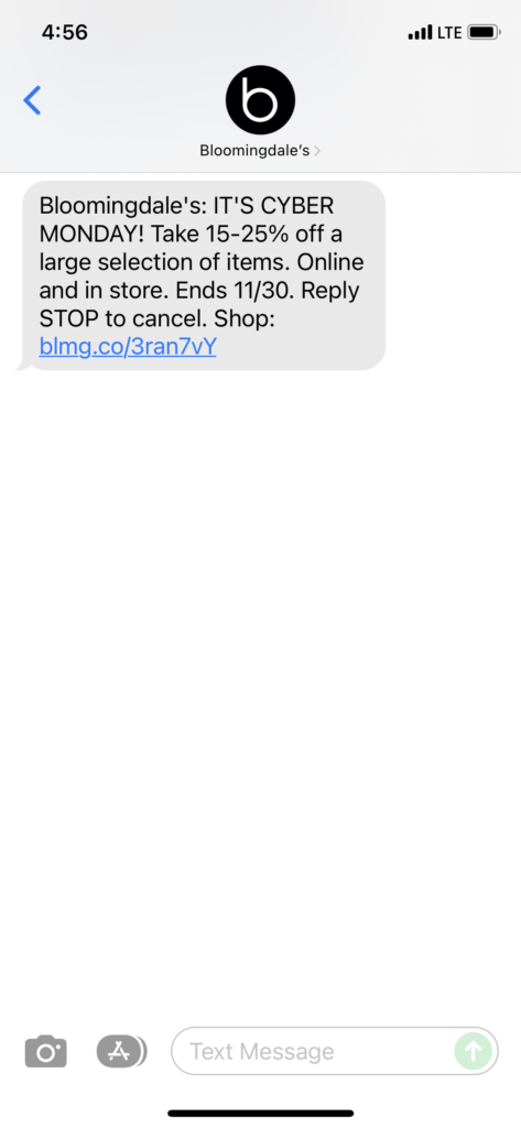 Bloomingdale's Text Message Marketing Example - 11.29.2021