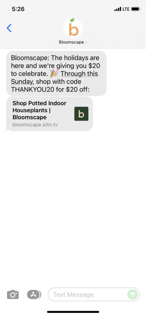 Bloomscape Text Message Marketing Example - 11.15.2021